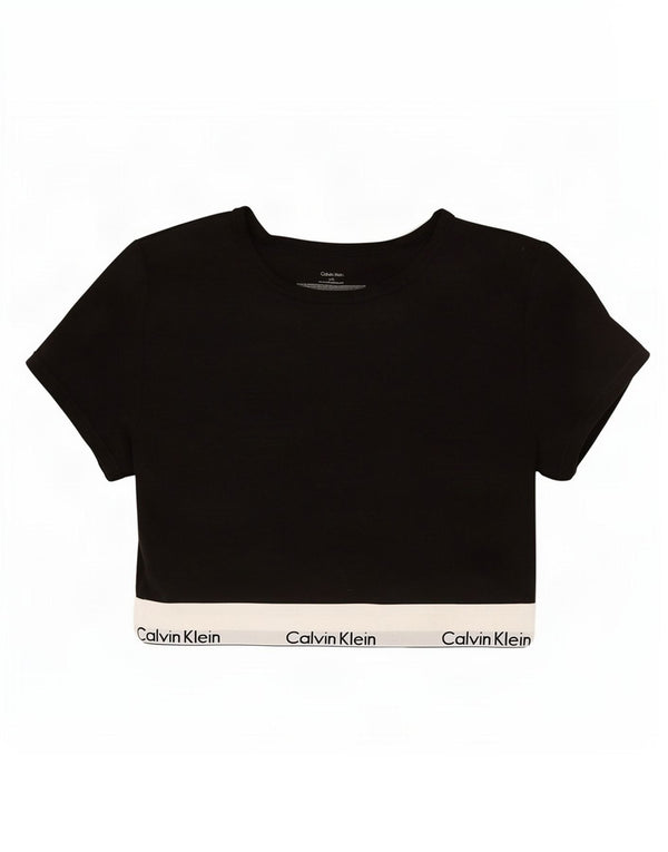 Calvin Klein Damen Crop Graphic T-Shirt Top UK 14 Large Schwarz Colourblock