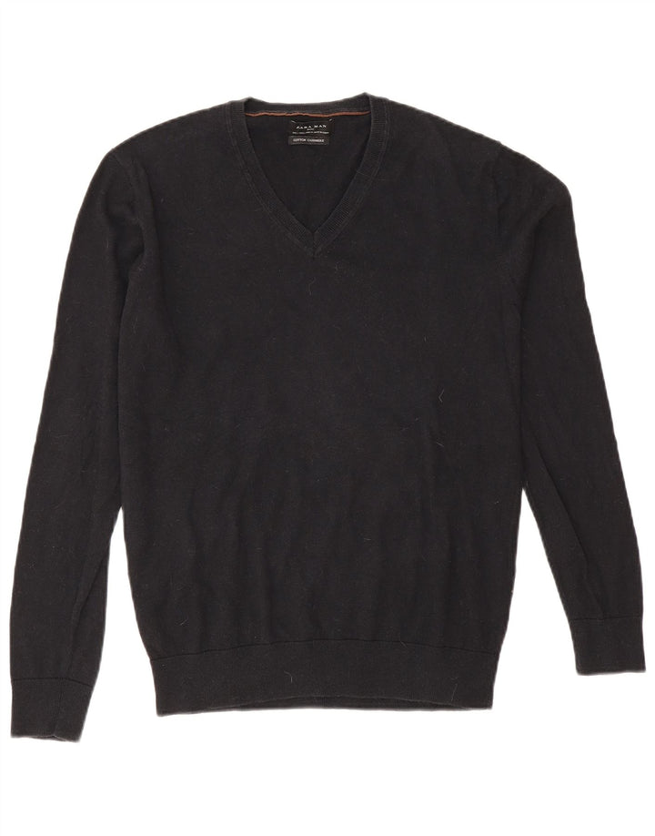 Zara Herren-Pullover mit V-Ausschnitt, groß, aus schwarzer Baumwolle