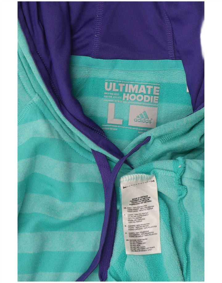 Adidas Mens Hoodie Jumper Large Turquoise Striped Polyester