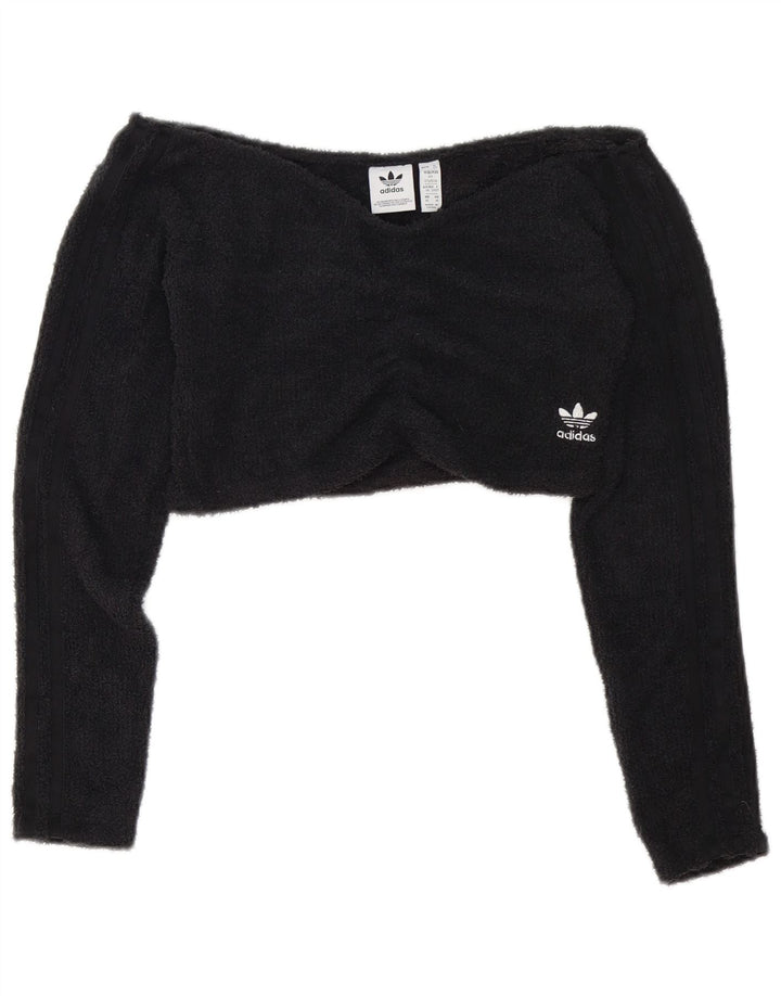 Adidas Damen Crop Fleece Off Shoulder Top UK 12 Medium Schwarz Polyester
