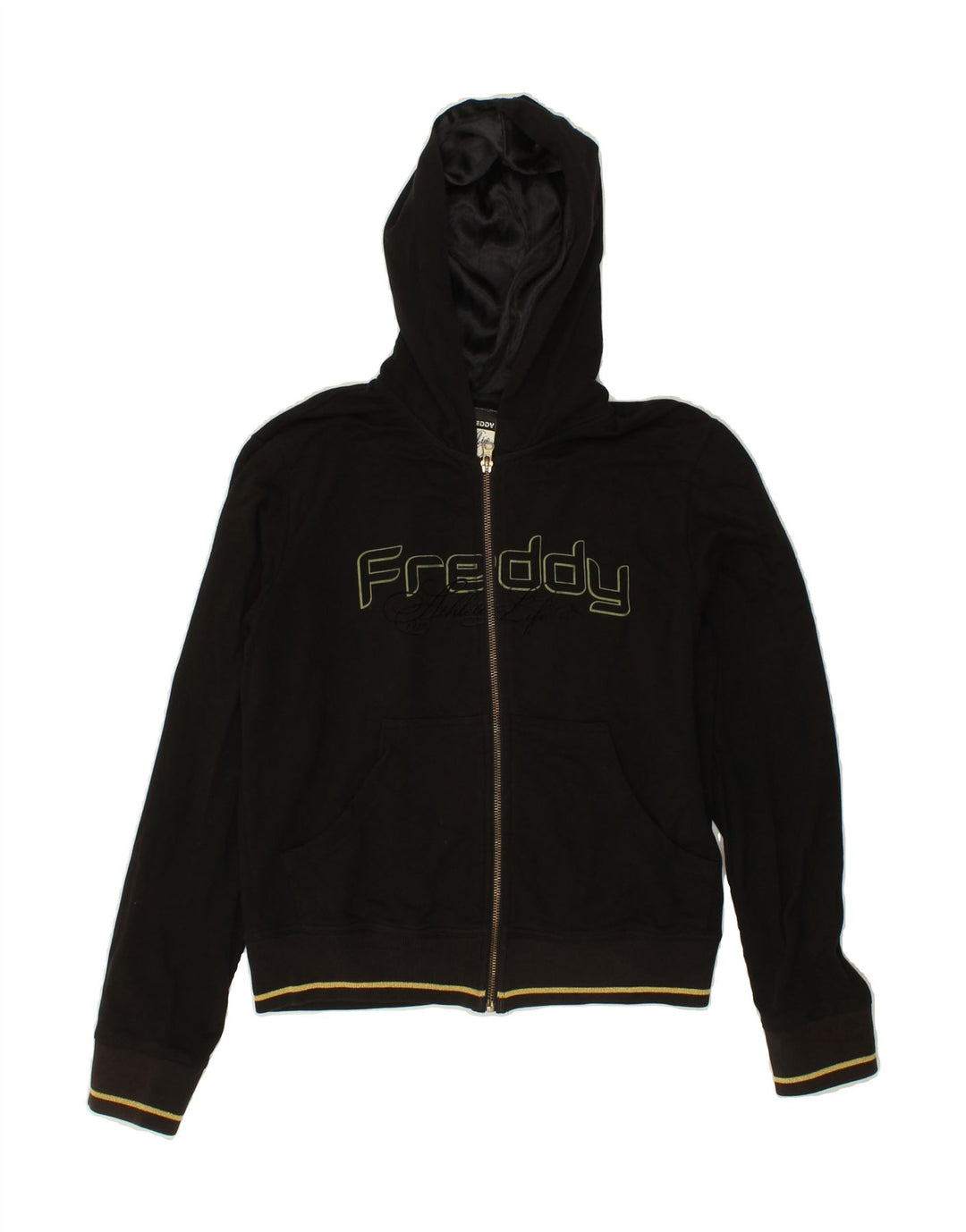 FREDDY Womens Graphic Zip Hoodie Sweater UK 12 Medium Black Vintage Freddy and Second-Hand Freddy from Messina Hembry 