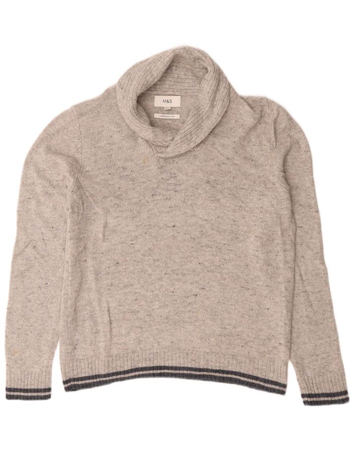 Marks & Spencer Herren-Pullover mit Schalkragen, groß, grau gesprenkelte Lammwolle