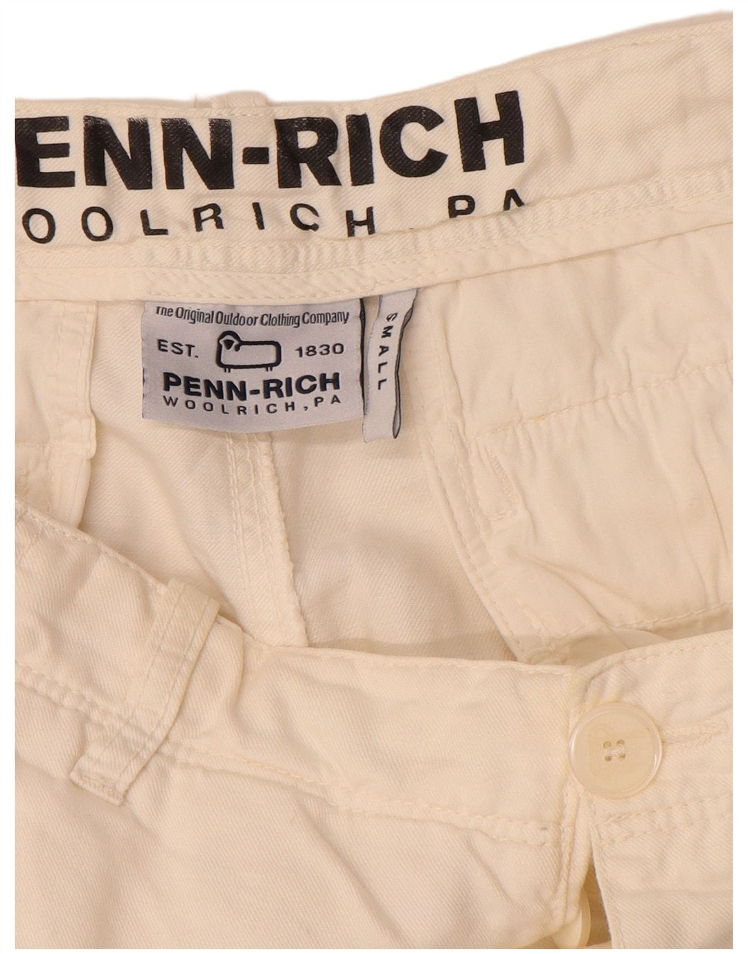 Woolrich Herren Penn-Rich Graphic Cargo Shorts Small W29 Off White Linen