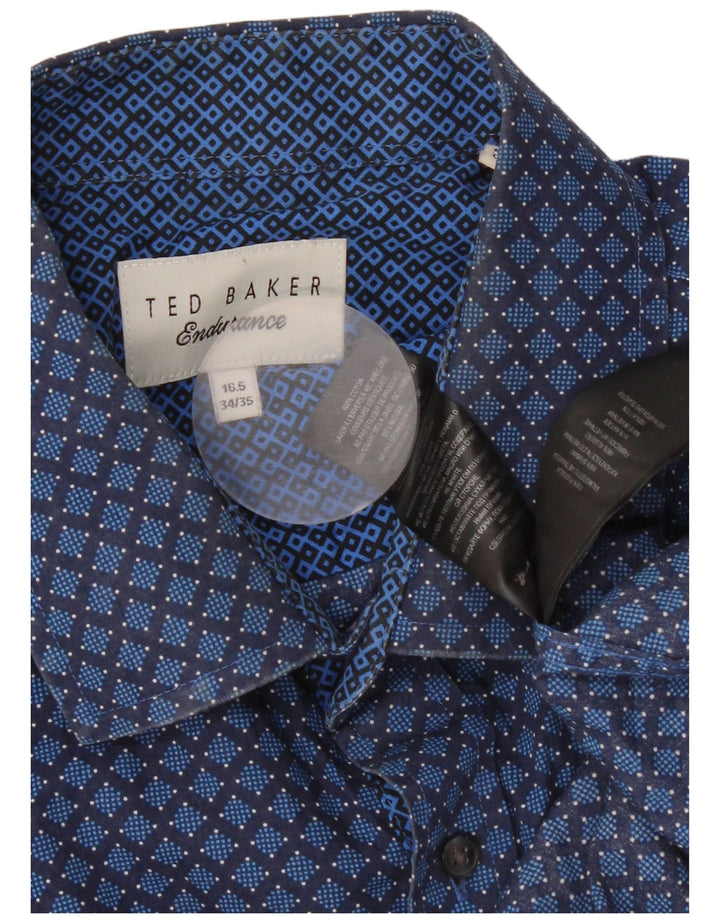 Ted Baker Herrenhemd, Größe 16 1/2, groß, blaue geometrische Baumwolle