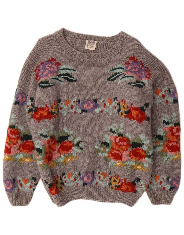 STEFANEL Damen-Pullover mit U-Boot-Ausschnitt, UK 14, Mittelgrau mit Blumenmuster