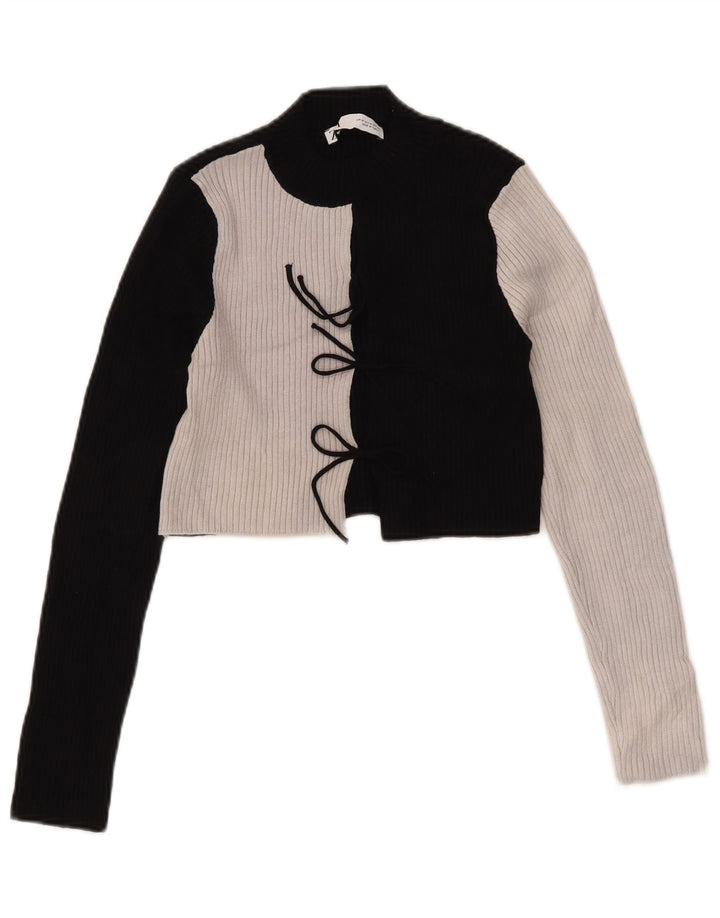 Zara Damen Crop Top Langarm UK 12 Mittelschwarz Colourblock Viskose