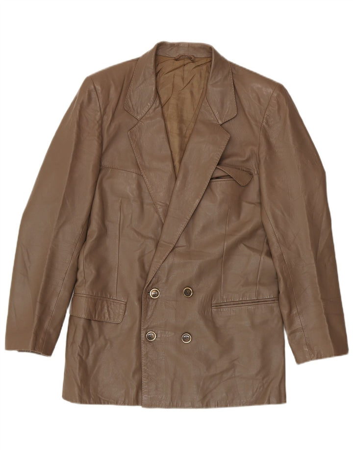 Vintage Herren zweireihige Lederblazerjacke IT 48 Mittelbraun
