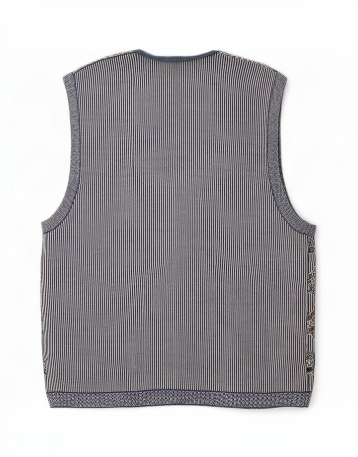 Vintage Herren Ärmelloser Cardigan Pullover Mittelblau Geometrisch
