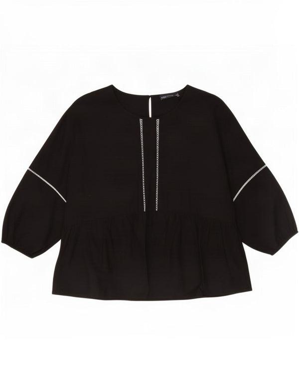 Marks & Spencer Damen Langarm-Blusenoberteil UK 12 Mittelschwarze Baumwolle