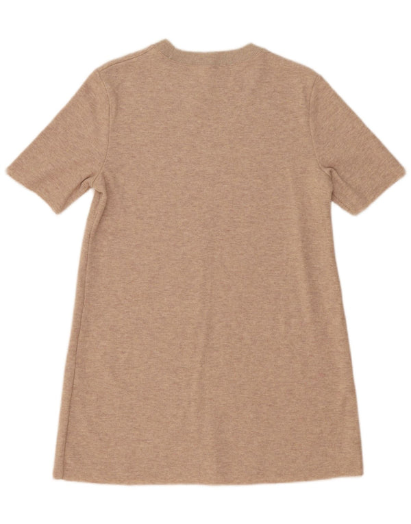 Kurzärmliges Damen-Pulloverkleid von Zara, Größe 44, mittelbeigefarbenes geflecktes Polyester