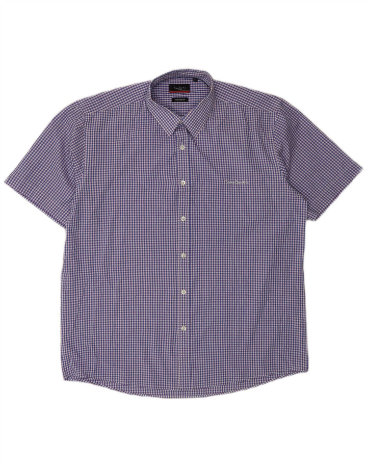 Pierre Cardin Herren-Hemd, kurzärmelig, normale Passform, XL, blauer Gingham-Polyester