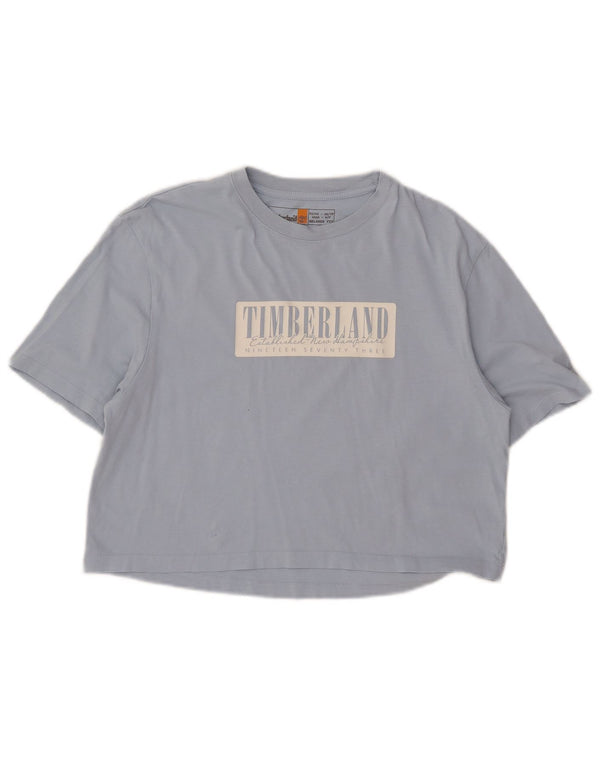 Timberland Damen Relaxed Fit Crop Graphic T-Shirt Top UK 6 XS Blaue Baumwolle