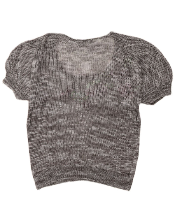 Vintage Damen Kurzärmeliger Pullover mit U-Boot-Ausschnitt UK 18 XL Grau geblümt