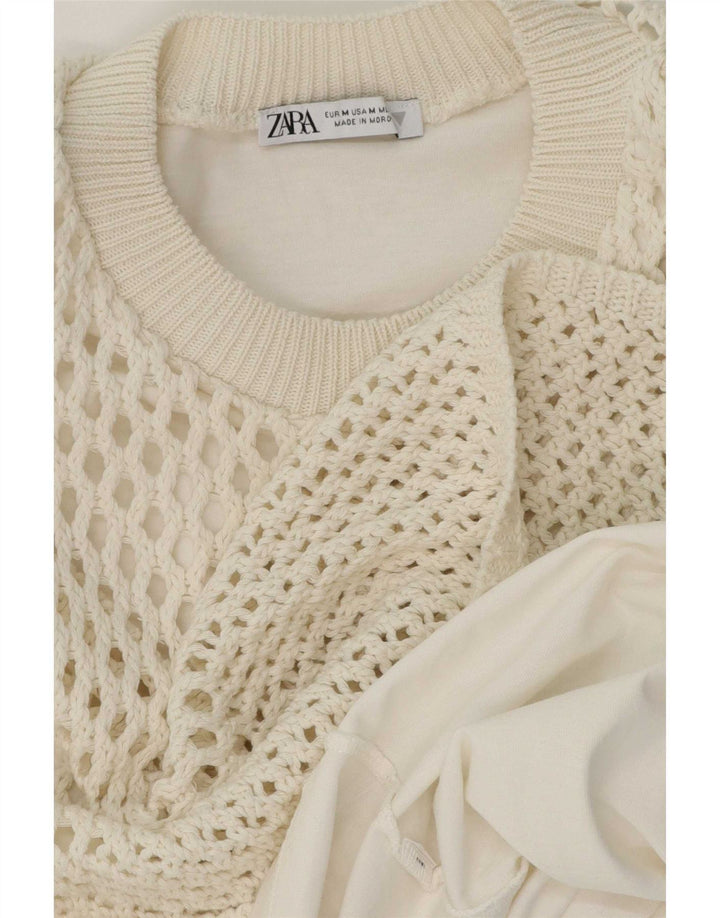 Zara Damen Häkelbluse Top UK 14 Mittelweiß