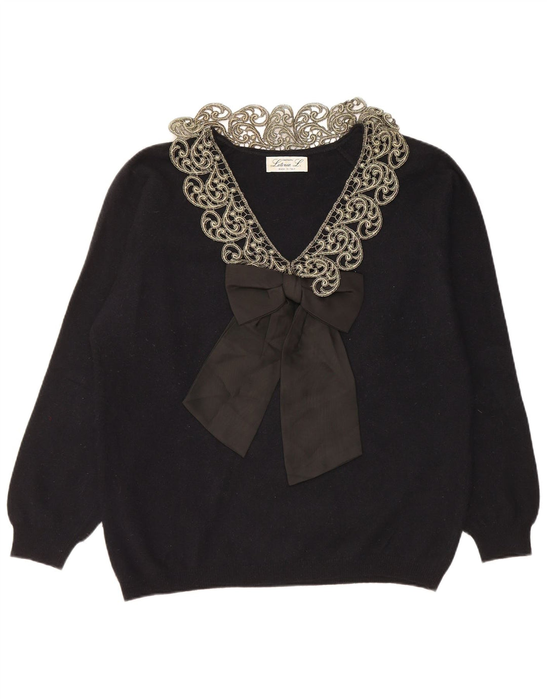 LETIZIA L. Damen-Pullover mit V-Ausschnitt, UK 16, Größe L, schwarze Paisley-Wolle