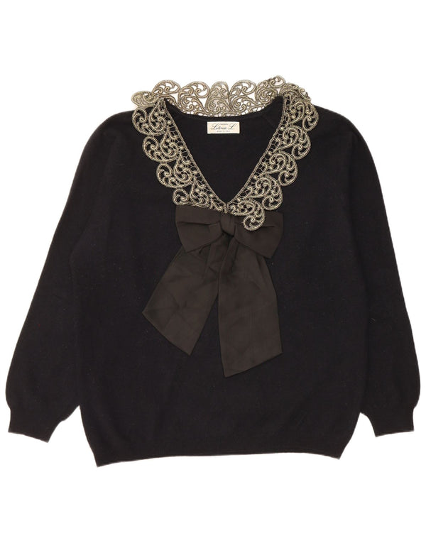 LETIZIA L. Damen-Pullover mit V-Ausschnitt, UK 16, Größe L, schwarze Paisley-Wolle