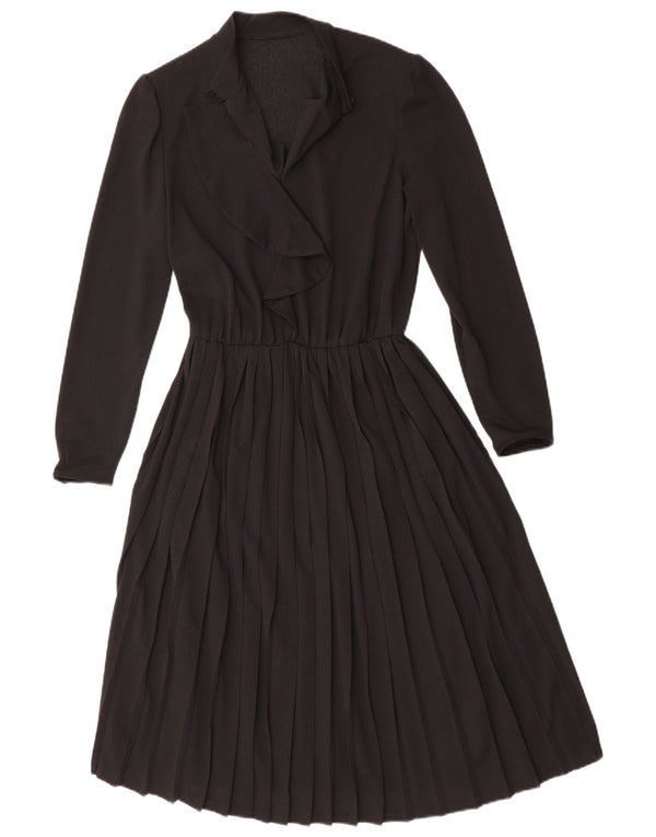 Vintage Damen Langarm A-Linie Kleid UK 12 Medium Schwarz