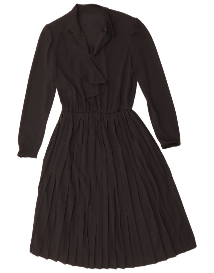 Vintage Damen Langarm A-Linie Kleid UK 12 Medium Schwarz