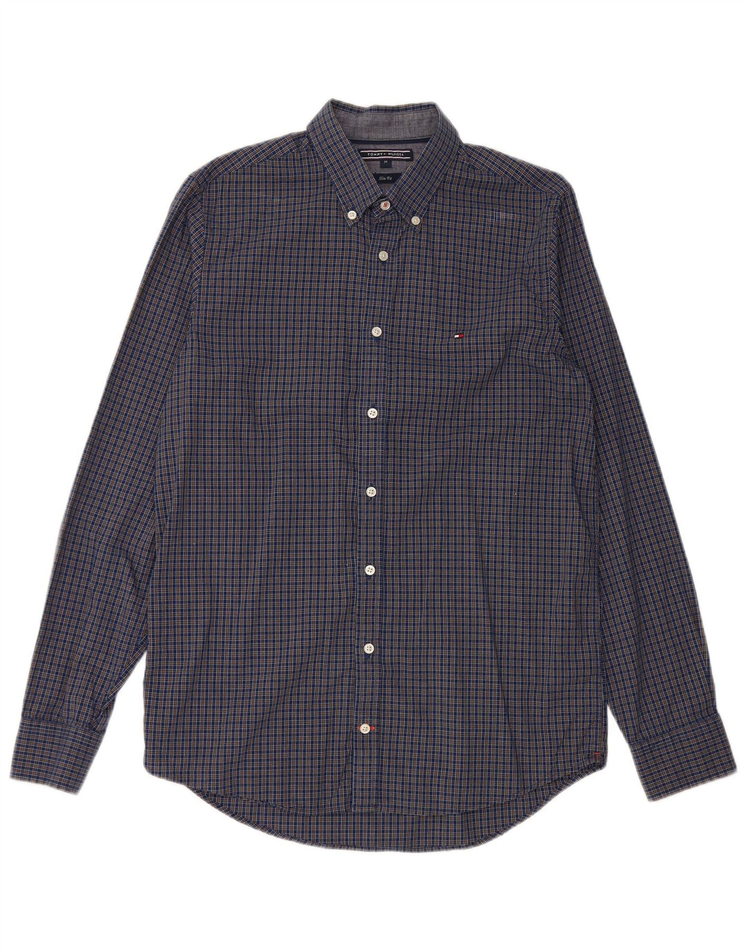 Tommy Hilfiger Herren-Slim-Fit-Hemd aus mittelblauer Gingham-Baumwolle in Marineblau