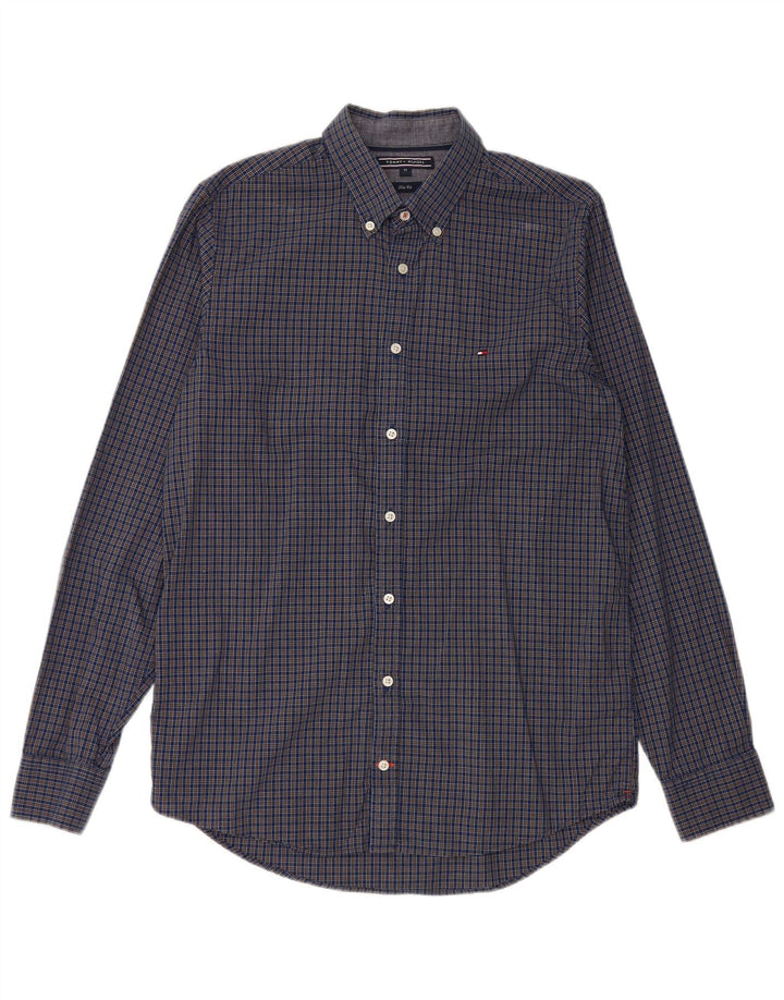 Tommy Hilfiger Herren-Slim-Fit-Hemd aus mittelblauer Gingham-Baumwolle in Marineblau