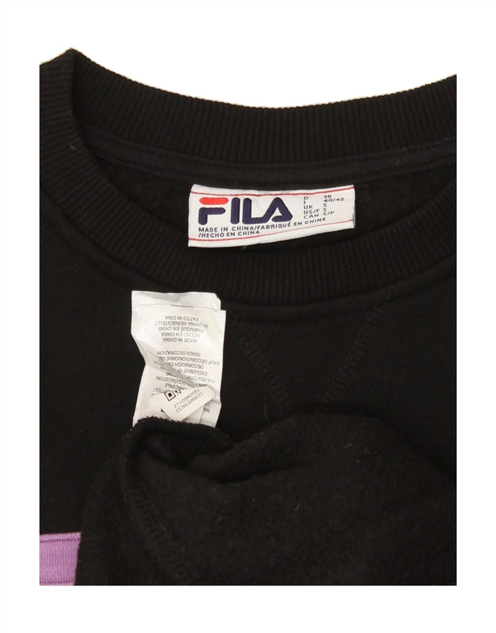 FILA Womens Oversized Graphic Sweatshirt Jumper UK 10 Small Black Cotton Vintage Fila and Second-Hand Fila from Messina Hembry 