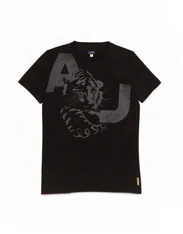 Armani Jeans Damen Grafik-T-Shirt-Oberteil UK 14 Große schwarze Baumwolle