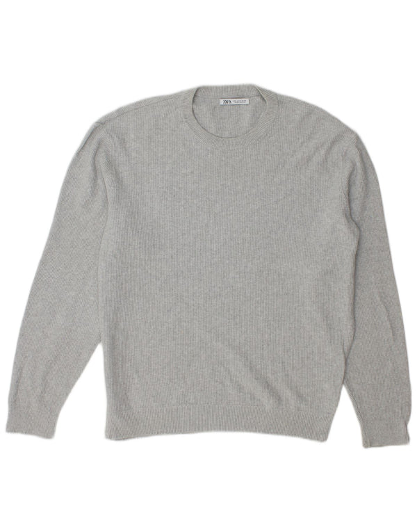 Zara Herren-Pullover mit Rundhalsausschnitt, mittelgraue Baumwolle