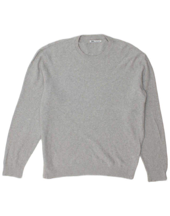 Zara Herren-Pullover mit Rundhalsausschnitt, mittelgraue Baumwolle