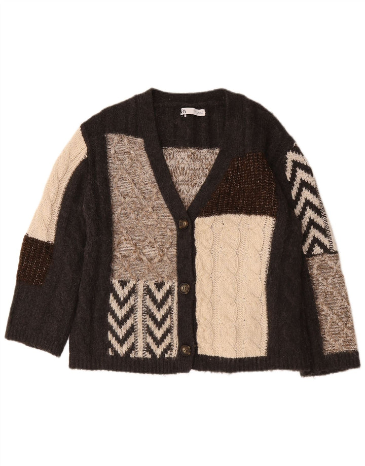 Zara Damen-Strickjacke in Übergröße, Gr. 10, klein, braun, Patchwork