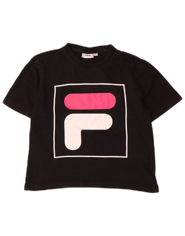 Fila Damen Crop Graphic T-Shirt Top UK 6 XS Schwarz Baumwolle
