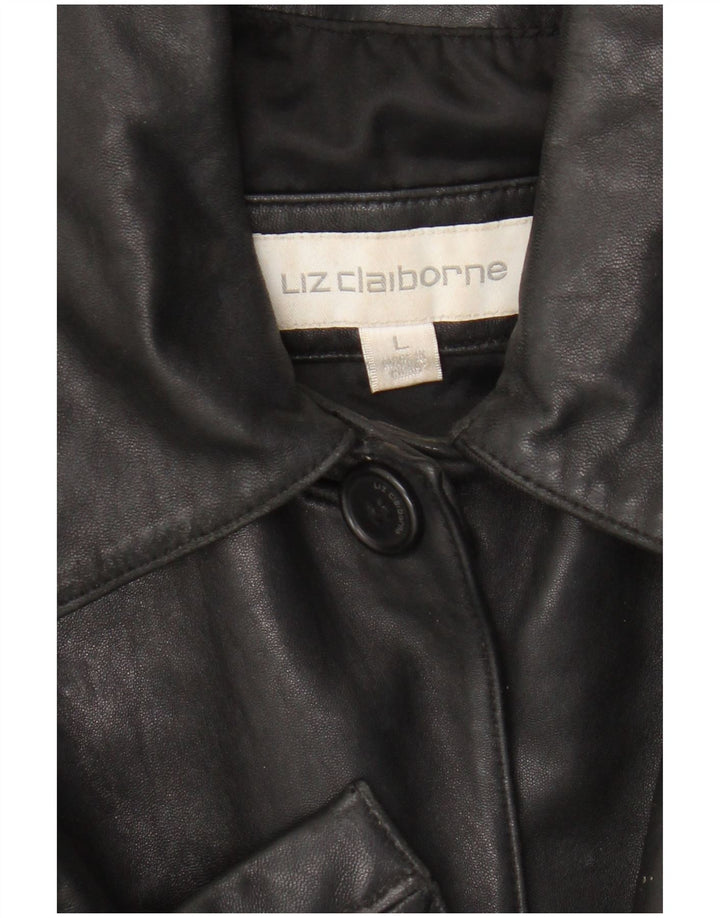 Liz Claiborne Damen Ledermantel UK 16 Großes schwarzes Leder