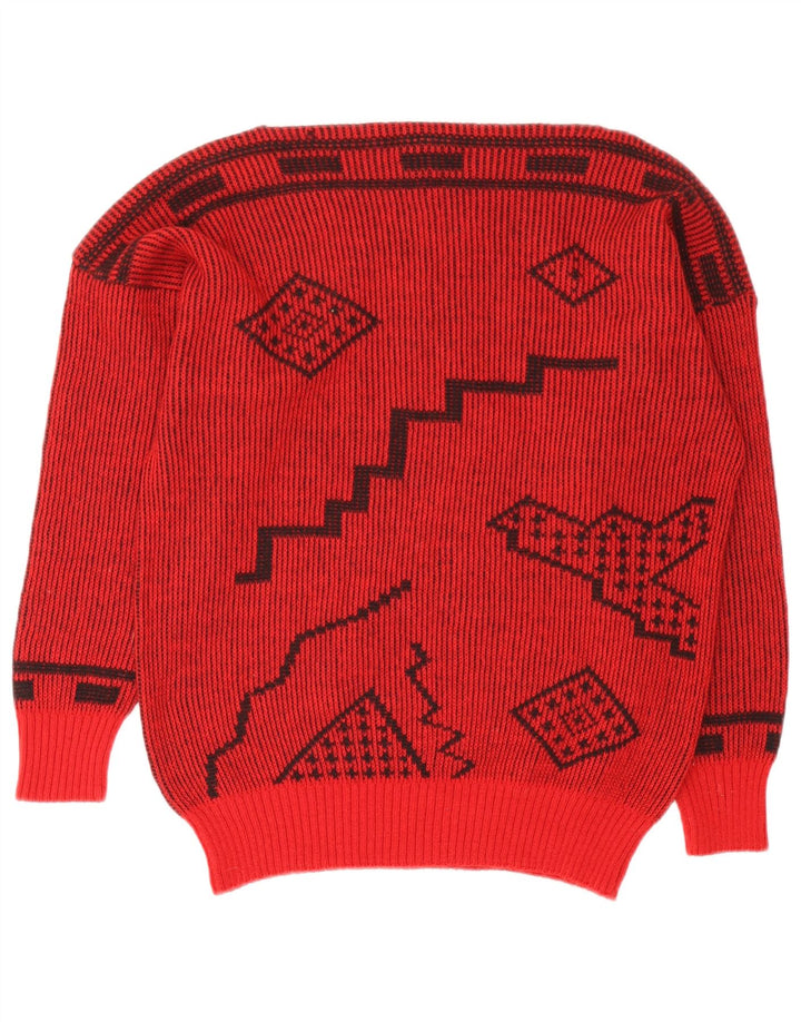Vintage Damen Pullover mit U-Boot-Ausschnitt IT 44 Mittelrote geometrische Wolle