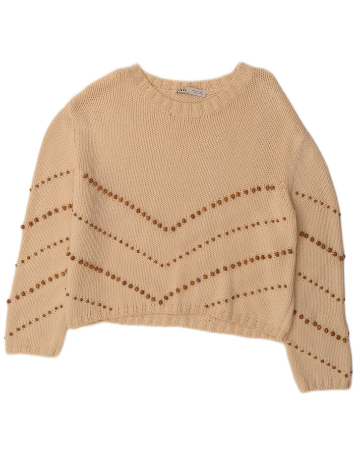 Übergroßer Damen-Pullover mit U-Boot-Ausschnitt von Zara, Gr. 14, mittelbeige gestreift