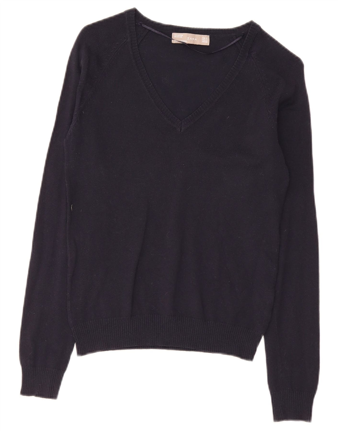 Zara Damen-Pullover mit V-Ausschnitt, UK 12, mittelmarineblaue Baumwolle