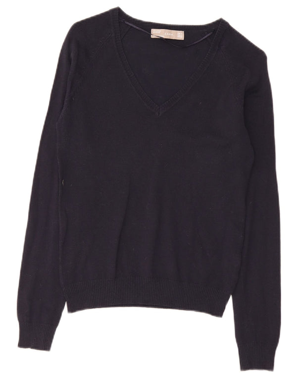 Zara Damen-Pullover mit V-Ausschnitt, UK 12, mittelmarineblaue Baumwolle