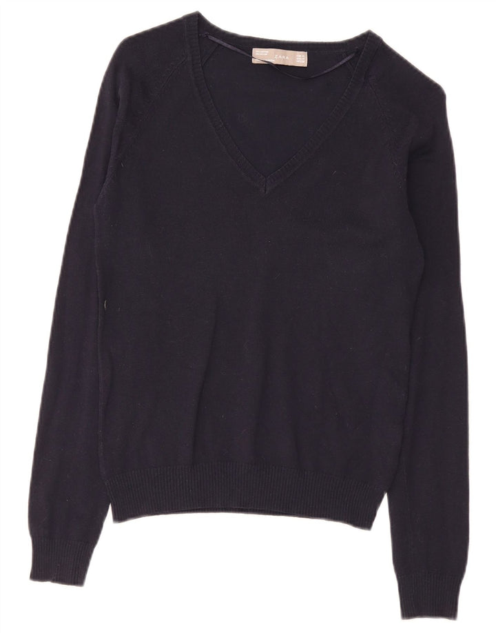 Zara Damen-Pullover mit V-Ausschnitt, UK 12, mittelmarineblaue Baumwolle