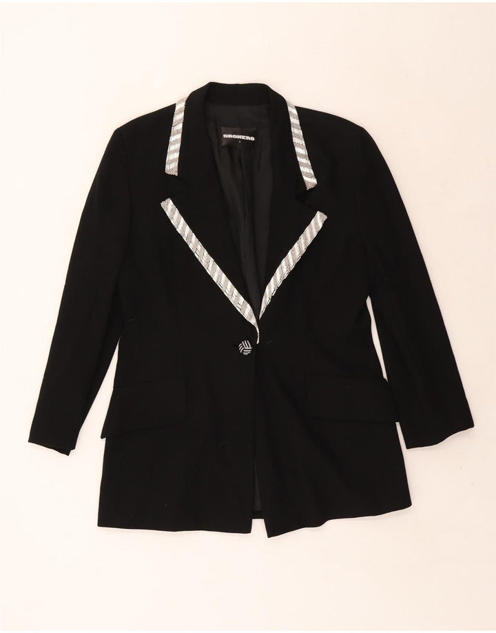 VINTAGE Damen 1-Knopf-Blazerjacke UK 14 Große schwarze Wolle