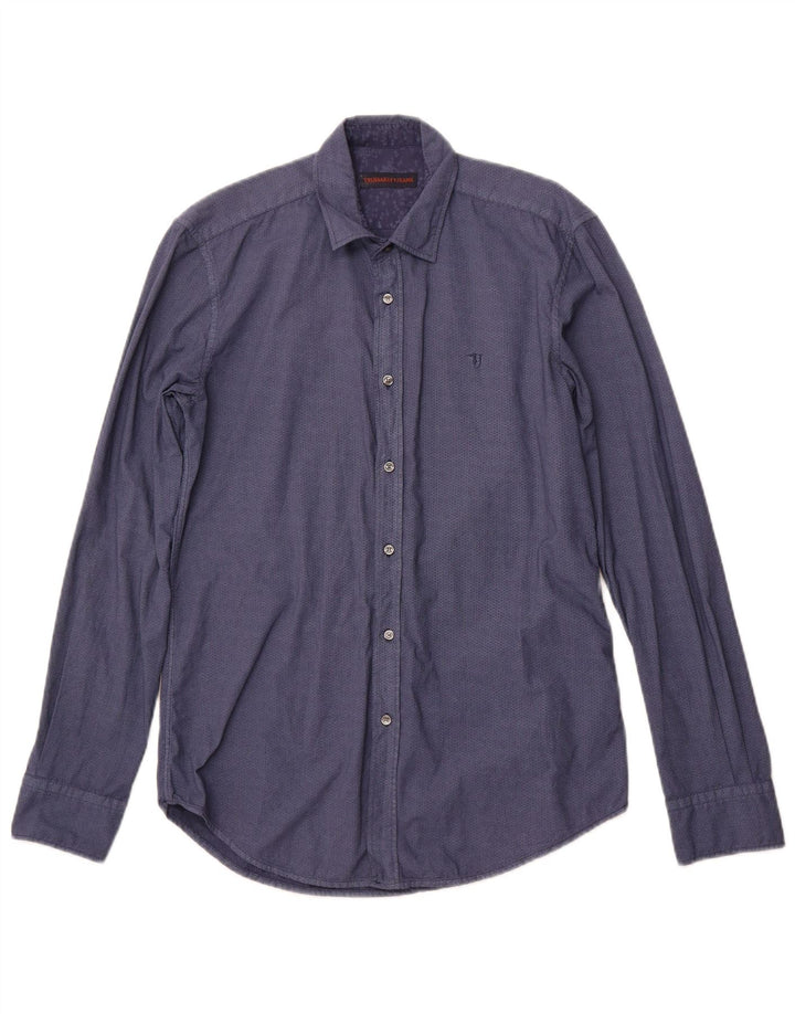 TRUSSARDI JEANS Herrenhemd Größe 38 Mittelmarineblaue geometrische Baumwolle