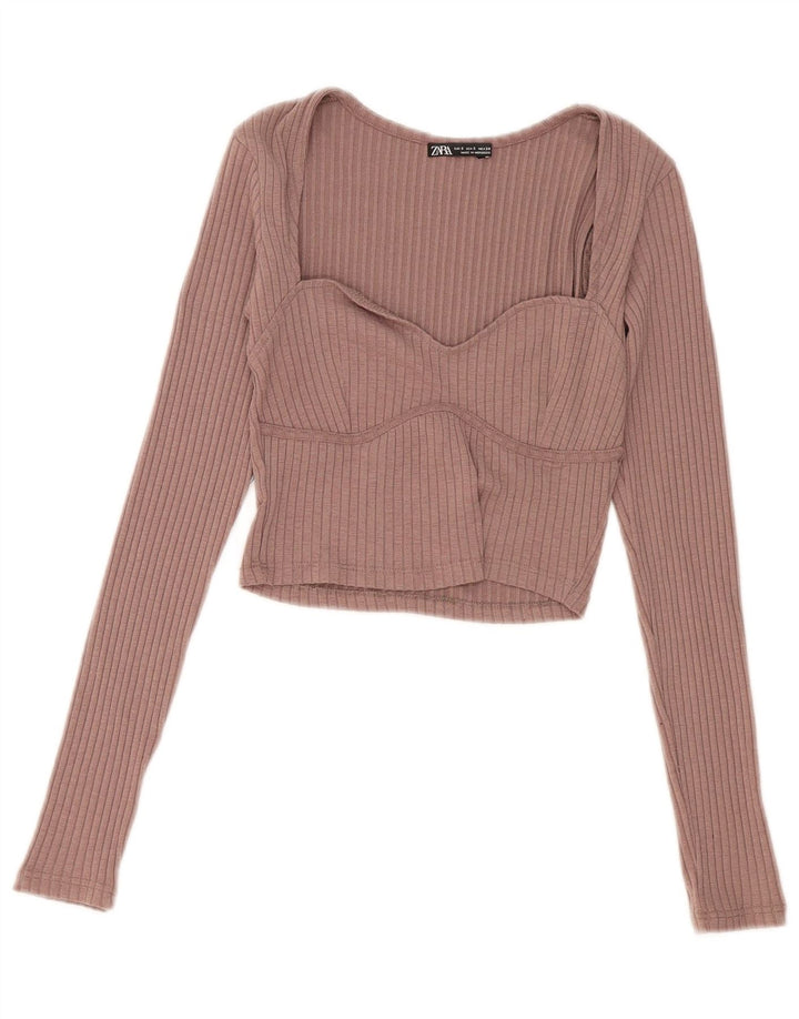 Zara Damen Crop Top Langarm UK 8 Small Rosa Polyester