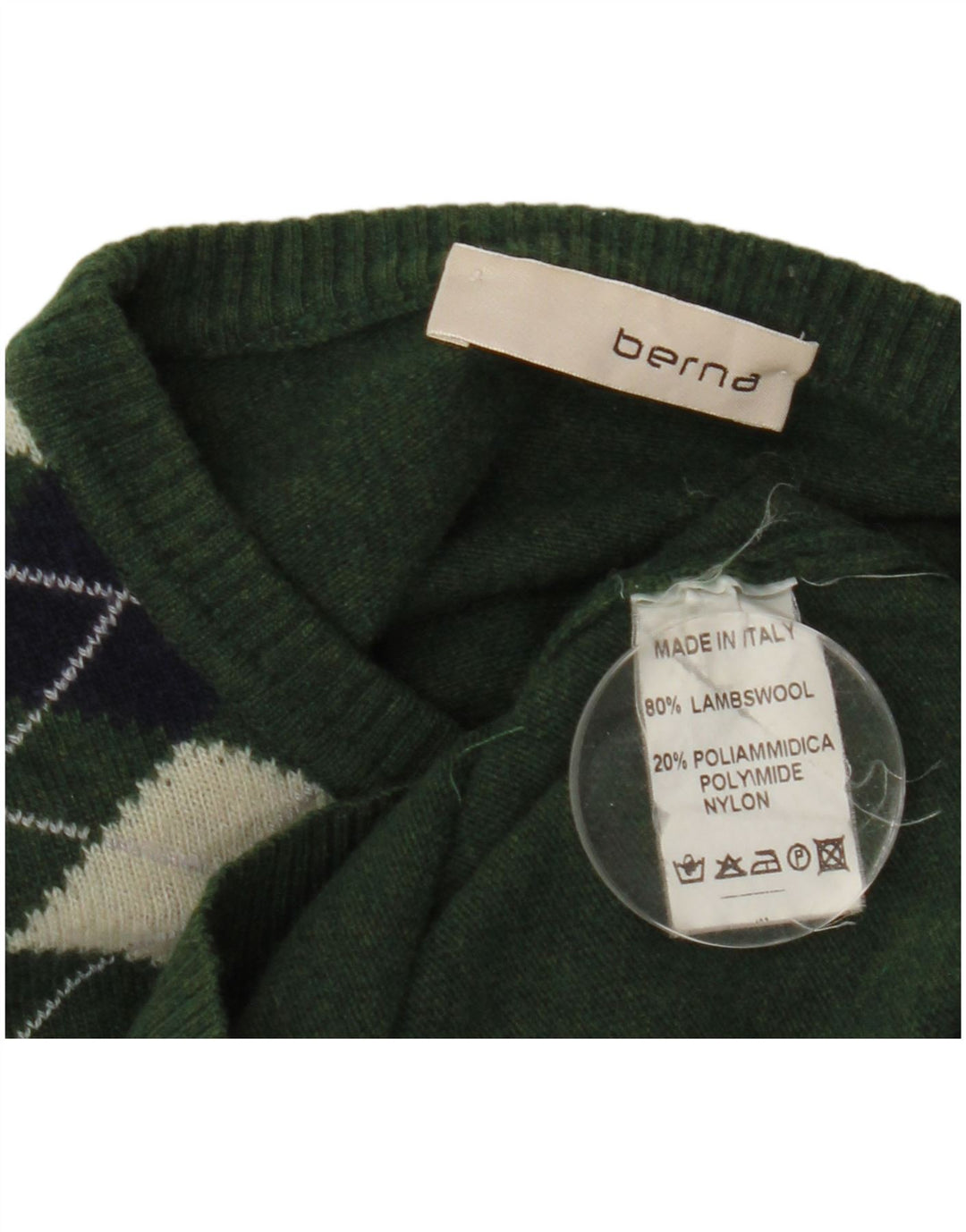 Berna Herren-Pullover mit U-Boot-Ausschnitt, mittelgrüne Argyle-/Diamantwolle