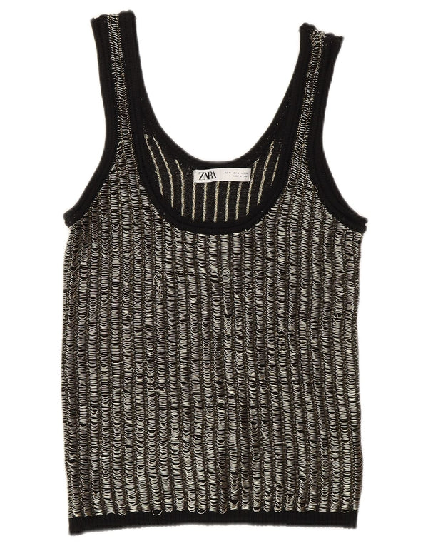 Zara Damen Crop Vest Tank Top UK 12 Medium Schwarz Gestreifte Viskose