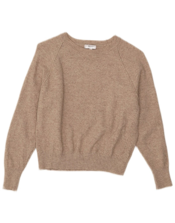 Reiss Damen-Pullover mit bauchfreiem U-Boot-Ausschnitt, UK 12, mittelbeige gefleckte Wolle
