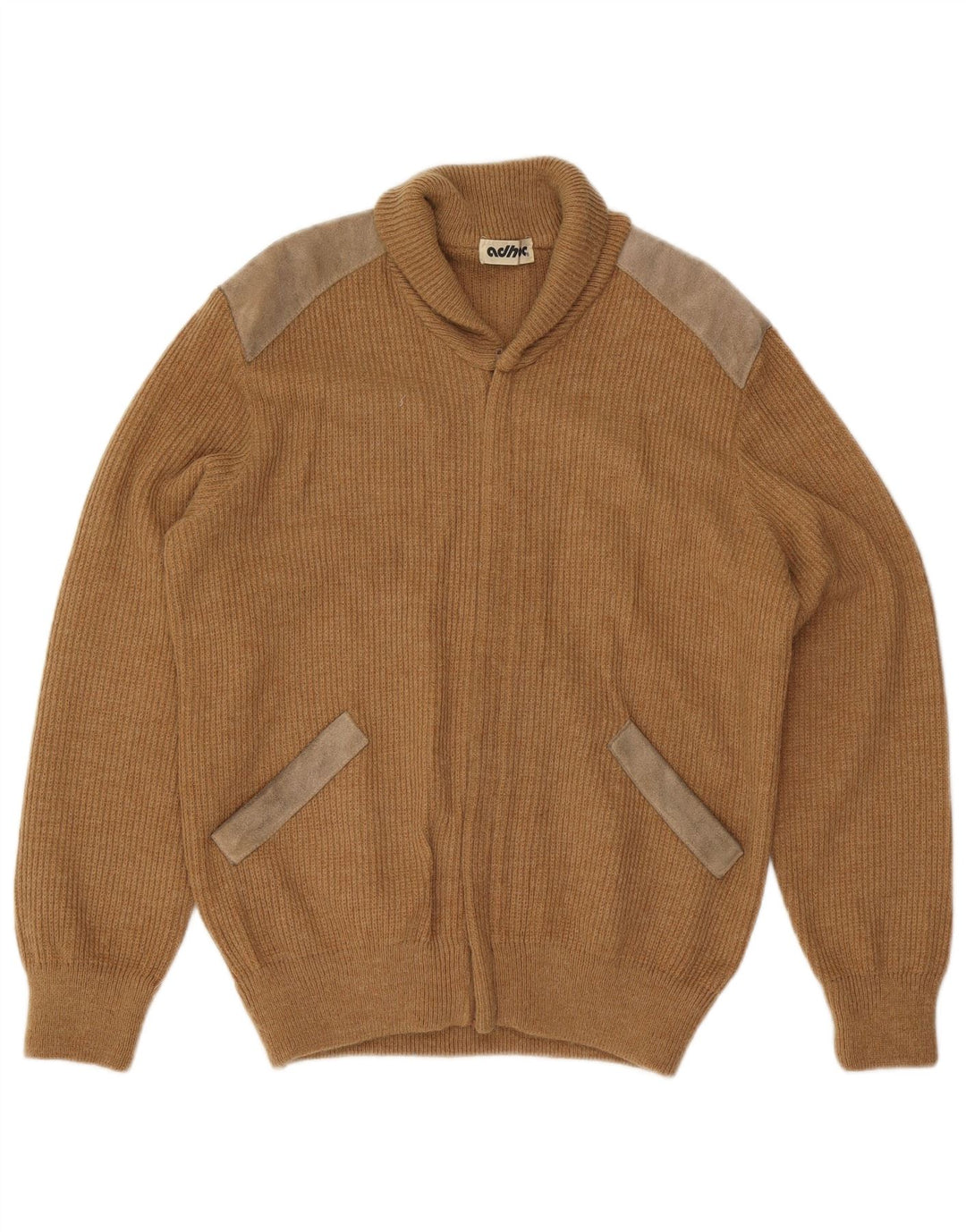 Vintage Herren-Cardigan-Pullover, Mittelbeige, Farbblock-Acryl