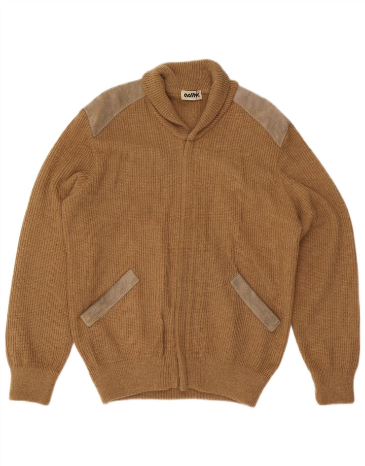 Vintage Herren-Cardigan-Pullover, Mittelbeige, Farbblock-Acryl