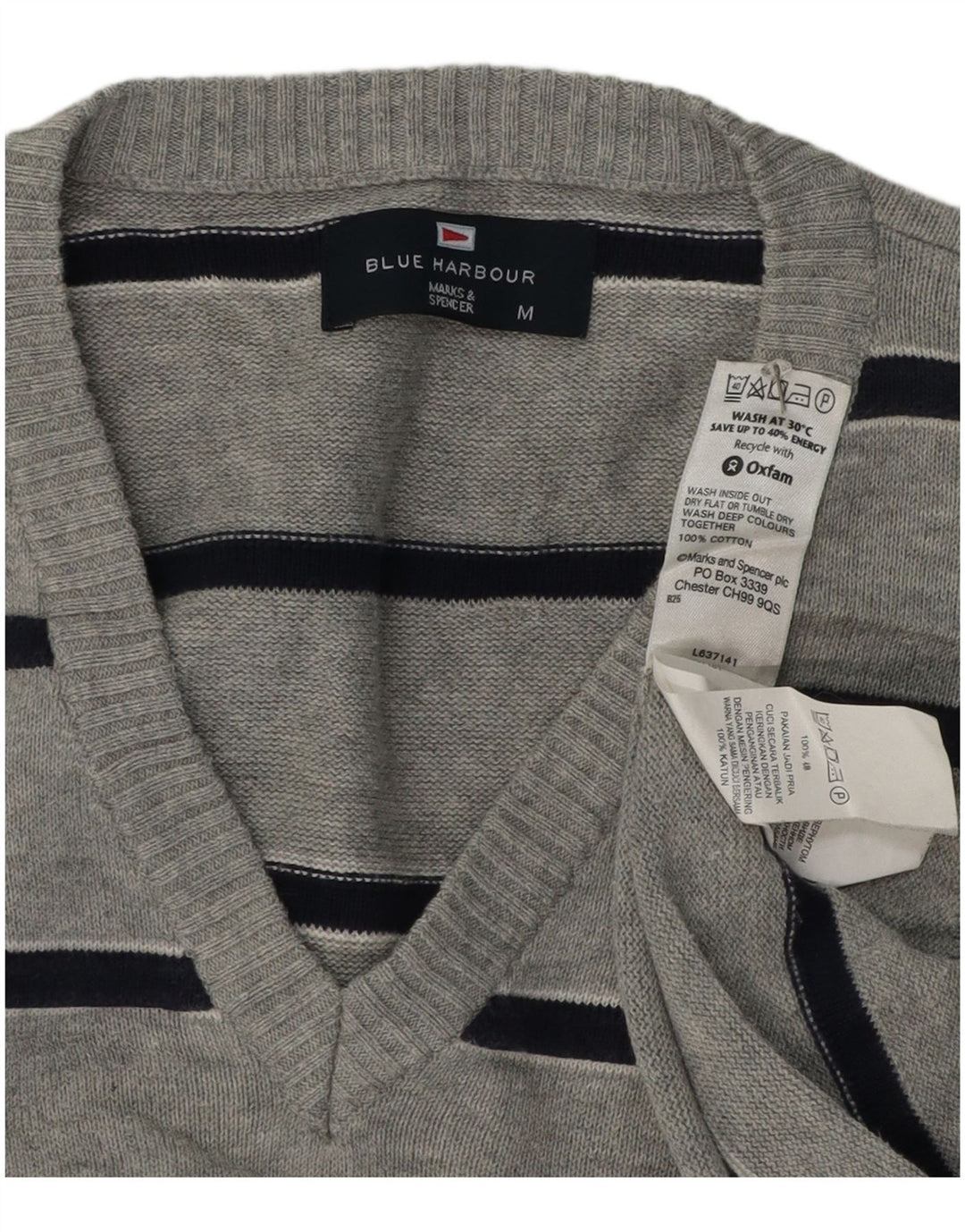 Marks & Spencer Herren Blue Harbor V-Ausschnitt Pullover Pullover Mittelgrau gestreift