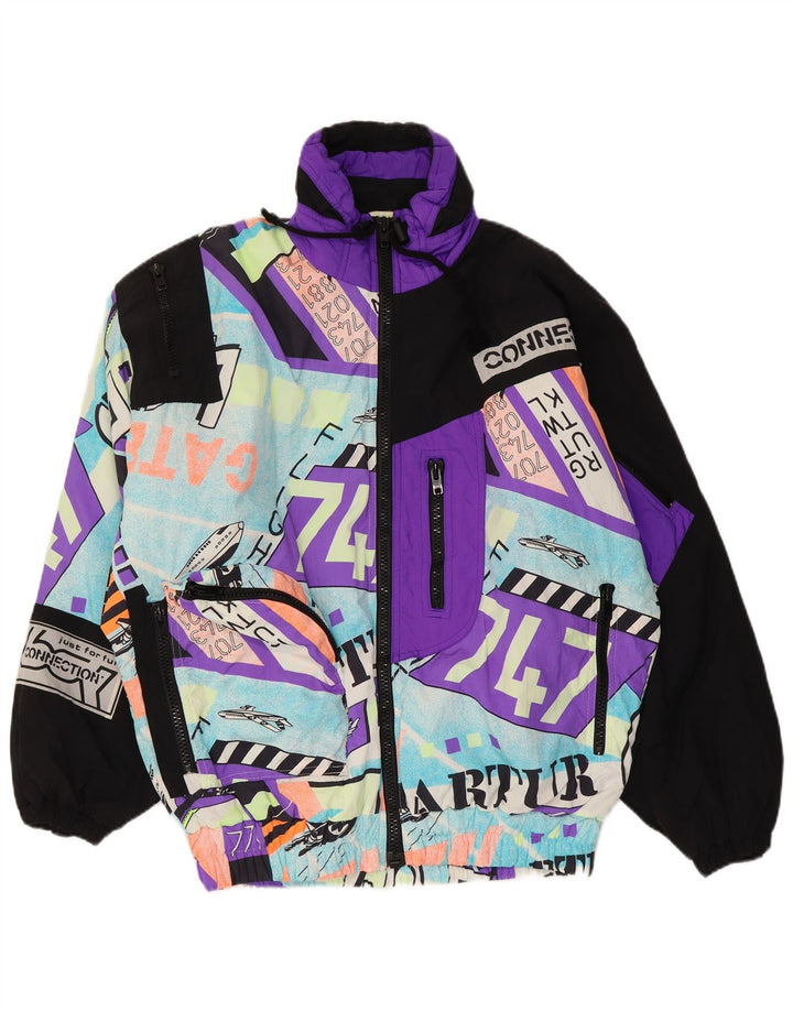 Vintage Herren-Skijacke mit grafischer Kapuze, UK 40, großes mehrfarbiges Polyamid