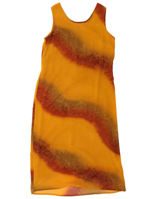 Vintage Damen Ärmelloses Etuikleid UK 12 Mittelgelb geblümtes Polyester