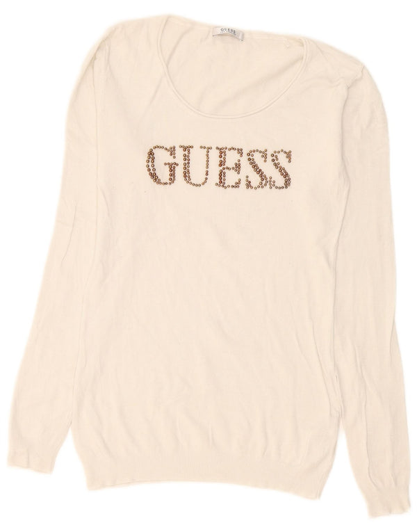 Guess Damen-Pullover mit grafischem U-Boot-Ausschnitt, UK 14, Größe L, weiße Viskose