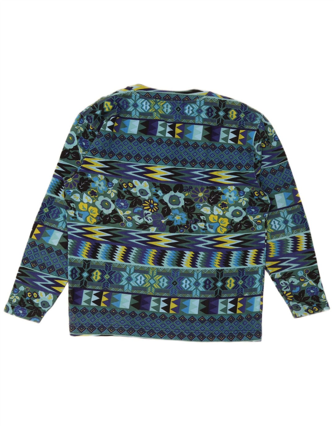 Vintage Damen Top Langarm UK 14 Mittelblaue geometrische Baumwolle