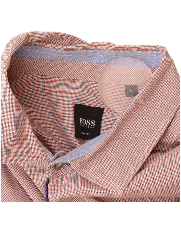 Hugo Boss Herren kariertes Slim-Fit-Hemd, groß, orangefarbene Hahnentritt-Baumwolle